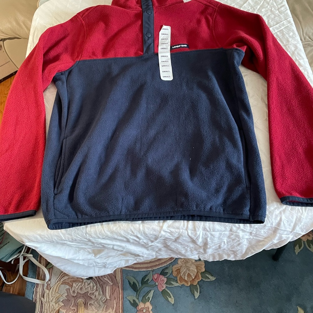 Lands' End Men's Two-Tone Crewneck Fleece - Red and Navy